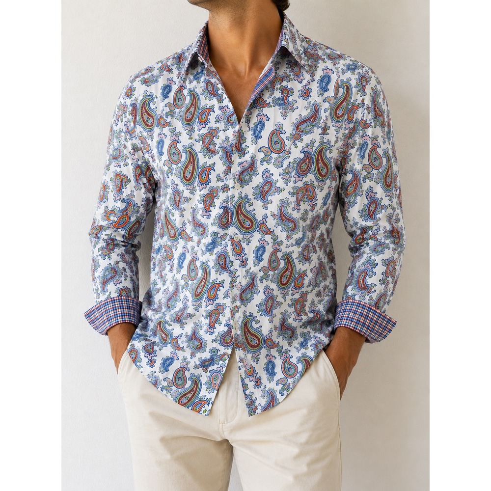 Alan Flusser Mens Large Paisley Cotton Button Down Shirt Multi Color Plaid Trim